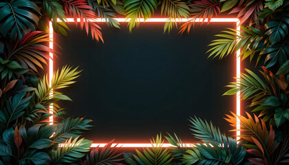 Neon Square Frame Surrounded by Vibrant Tropical Leaves in a Dark Setting