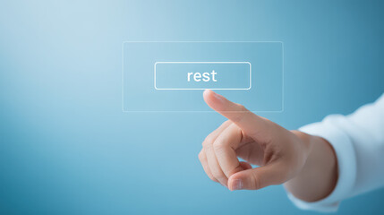 Hand gently touches digital button labeled rest on screen, highlighting importance of breaks to prevent computer vision syndrome