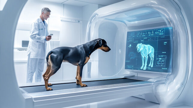 Doberman standing on transparent treadmill with motion sensors. Vet viewing holographic data screen in white futuristic clinic, blending wellness and pet tech