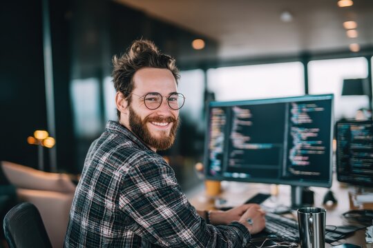 A smiling man with glasses works on computer programming at a modern office desk with dual monitors