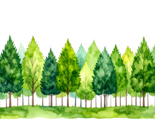 Fototapeta premium Watercolor Vibrant Watercolor Forest: A lush, watercolor painting of a vibrant forest, showcasing an array of trees in various shades of green, set against a clean background.