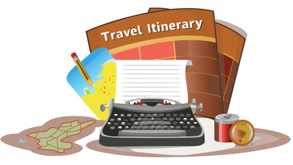 Illustration of a typewriter with travel itinerary and map for vacation planning and preparation
