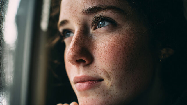 Contemplative Portrait: A close-up captures a serene woman by the window, soft light enhancing her delicate features and freckled complexion, creating a moment of quiet introspection.