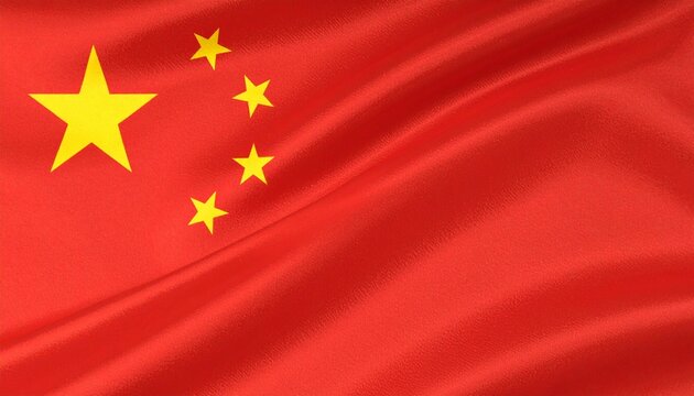 Chinese flag with five yellow stars on bold red field, flying prominently against bright sky backdrop