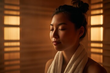 A young woman relaxes with closed eyes in a warm, softly lit sauna, wrapped in a white towel, enjoying a peaceful wellness moment