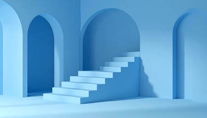 Architectural Blue Staircase Leading Through Arches in Minimalist Design