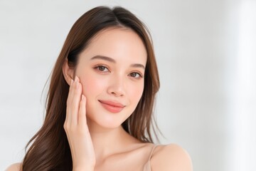 A young woman with clear, radiant skin gently touches her face, smiling softly against a light, blurred background