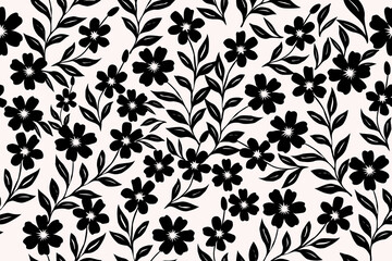 Seamless black floral pattern on beige background with vintage blossoms and leaves. Perfect for fabric, wallpaper, and surface design.
