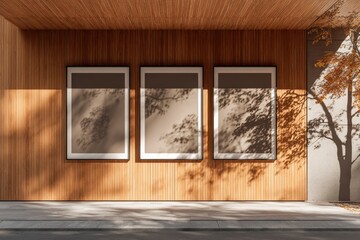 Fototapeta premium Wood exterior with three framed displays. Sunlight casts shadows