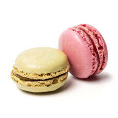 Small colorful tasty sweet original classic macaroons cakes isolated on white studio background