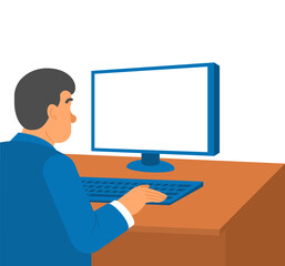 Flat-style side view illustration of a man working on a computer. Suitable for business, remote work, tech, or web development themes.