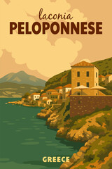 Poster Travel Greece Peloponnese, old village white buildings mansion, vector illustration