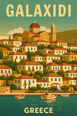 Poster Travel Greece Galaxeidi, old village white buildings, boats, Mediterranean sea, vector illustration