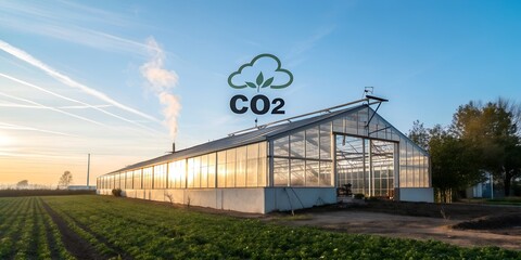 Obraz premium Greenhouse and co2 emissions conceptual image, representing environmental concerns, climate change and industrial impact on nature in a sunny setting.