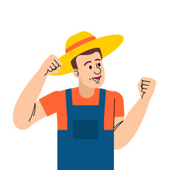 Smiling farmer celebrating harvest. Great for agriculture, organic food, rural business, and local farming themes.