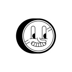 Obraz premium Funny cartoon-style coin face with expressive eyes and smile. Great for finance, cryptocurrency, banking, gamification, or children’s educational content. Black and white comic coin face icon.