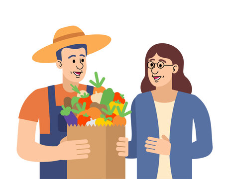 Smiling farmer handing over a box of fresh vegetables to a woman. Concept of local farming, organic produce sale, sustainability, and healthy lifestyle. Perfect for markets and eco-food themes.