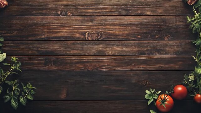 Dark wooden planks with fresh herbs and vegetables