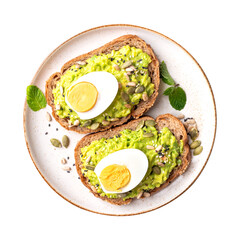 Top view of avocado toast with boiled egg, sunflower seeds, pumpkin seeds and sesame seeds, Healthy eating