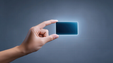 Hand holds glowing card against blue background, illustrating concepts of computer vision and digital interaction