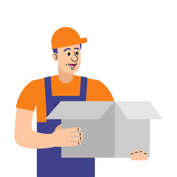 Delivery man in uniform holding a box. Ideal for shipping, logistics, courier, or warehouse-related topics.