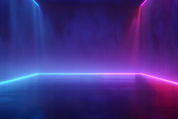 Dark blue background with neon light rays and glowing lines on the wall. Abstract dark blue room interior with empty space for product presentation, 