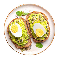 Top view of avocado toast with boiled egg, sunflower seeds, pumpkin seeds and sesame seeds, Healthy eating