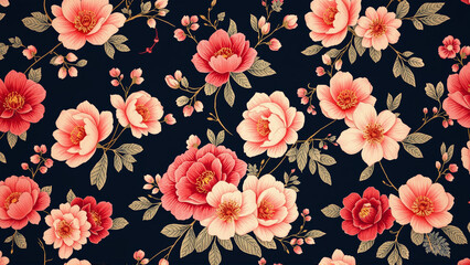 Vintage plant pattern in Japanese style. Image of roses on a dark background