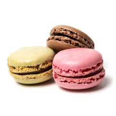 Small colorful tasty sweet original classic macaroons cakes isolated on white studio background