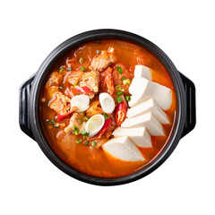 Top view of Korean food (Kimchi Jjigae), Kimchi soup with tofu, pork, scallion and chili in Korean stone bowl