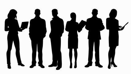 Silhouette of six business people standing with laptops and documents in a meeting setting indoors