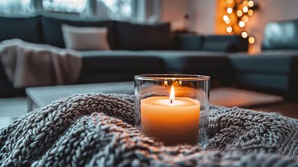 Cozy candlelight in a living room, with a knitted throw