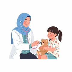 A friendly Muslim female doctor in a hijab examines a girl's teddy bear with a stethoscope.