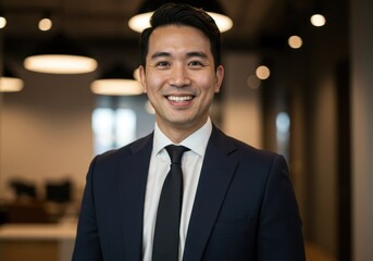 Smiling asian businessman in a sharp dark suit and tie stands confidently in a well lit modern office environment
