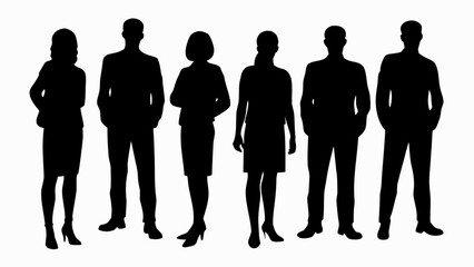 Silhouette of a diverse group of business professionals standing together in a team setting on white