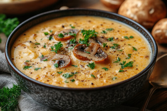 Creamy broc broc broc soup with mushrooms and parmesan.