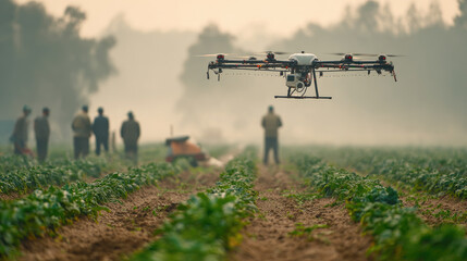 Drone agriculture field technology crop farm innovation rural people morning. Drone flying over agricultural field with people background showcasing modern technology and innovation rural farming