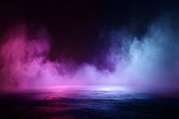 Dark background with purple and pink lights, smoke in the center of the scene, empty floor, dark lighting, simple.