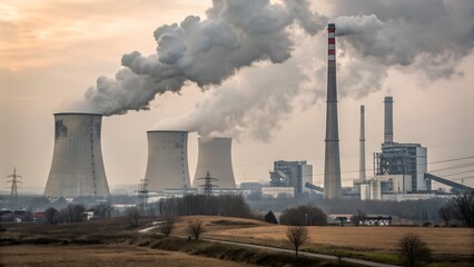 Dramatic landscape view depicting a power plant with smokestacks emitting significant pollution into the overcast sky showcasing environmental concerns.