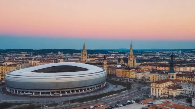 Aerial view of the illuminated puskas arena, a football stadium, during a vibrant sunset in budapest, hungary, showcasing the modern architecture and cityscape