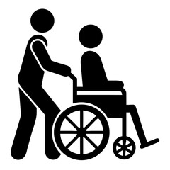 Person pushing wheelchair in silhouette, showing accessibility and assistance. Person pushing wheelchair offers support for disabled. Concept person pushing wheelchair highlights caregiving and aid.