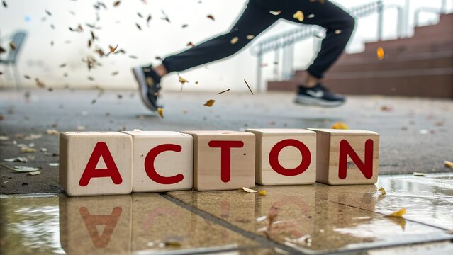 The concept of action presented through wooden blocks spelling the word action with a runner demonstrating the concept in an urban setting with natural lighting - Powered by Adobe