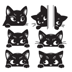 Obraz premium Set of black cat silhouettes looking from corners. Vector graphic for creative, modern, and cute pet-themed projects. High resolution, isolated on white.