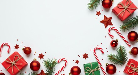 Christmas gifts and decorations scattered on a white background