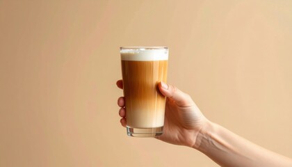 Hand holding a glass of iced latte with layered milk and espresso representing modern coffee culture, social habits, and caffeine lifestyle trend