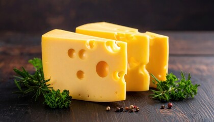 Emmental cheese wedges on rustic wooden surface with herbs, symbolizing dairy produce, European cuisine, and gourmet culinary aesthetics