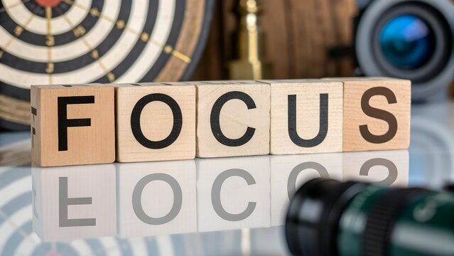 The word focus spelled out in wooden blocks with a dartboard and camera lens in the background symbolizing concentration, goals, and vision. - Powered by Adobe