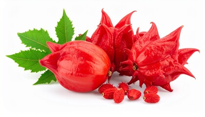 "Annatto fruits with vibrant red spiky pods and exposed brown seeds, isolated on white background for natural dye or culinary use."