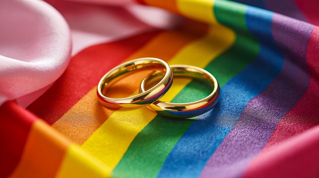 Wedding rings on rainbow pride flag symbolizing love and equality