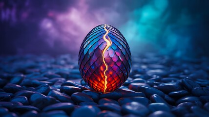 Glowing dragon egg on stones with fantasy light background

